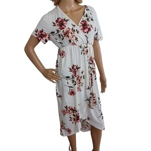 RAGDOLL Floral Rose White Faux Wrap Asymmetrical Summer Feminine Midi Dress